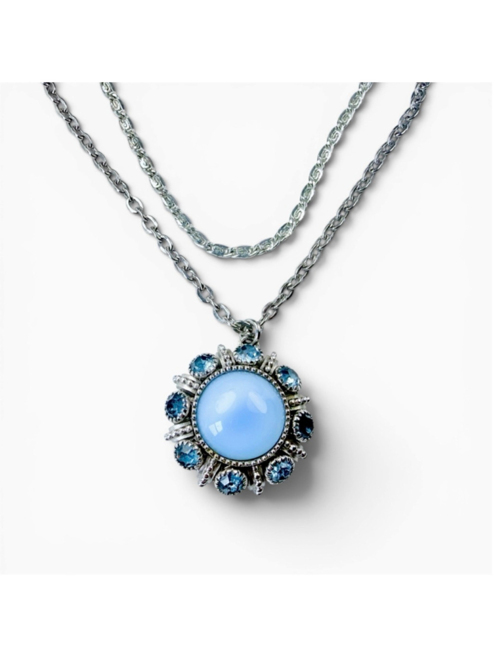Vintage Avon Necklace Set Blue Cabochon Rhinestone Pendant Silver Tone Layered